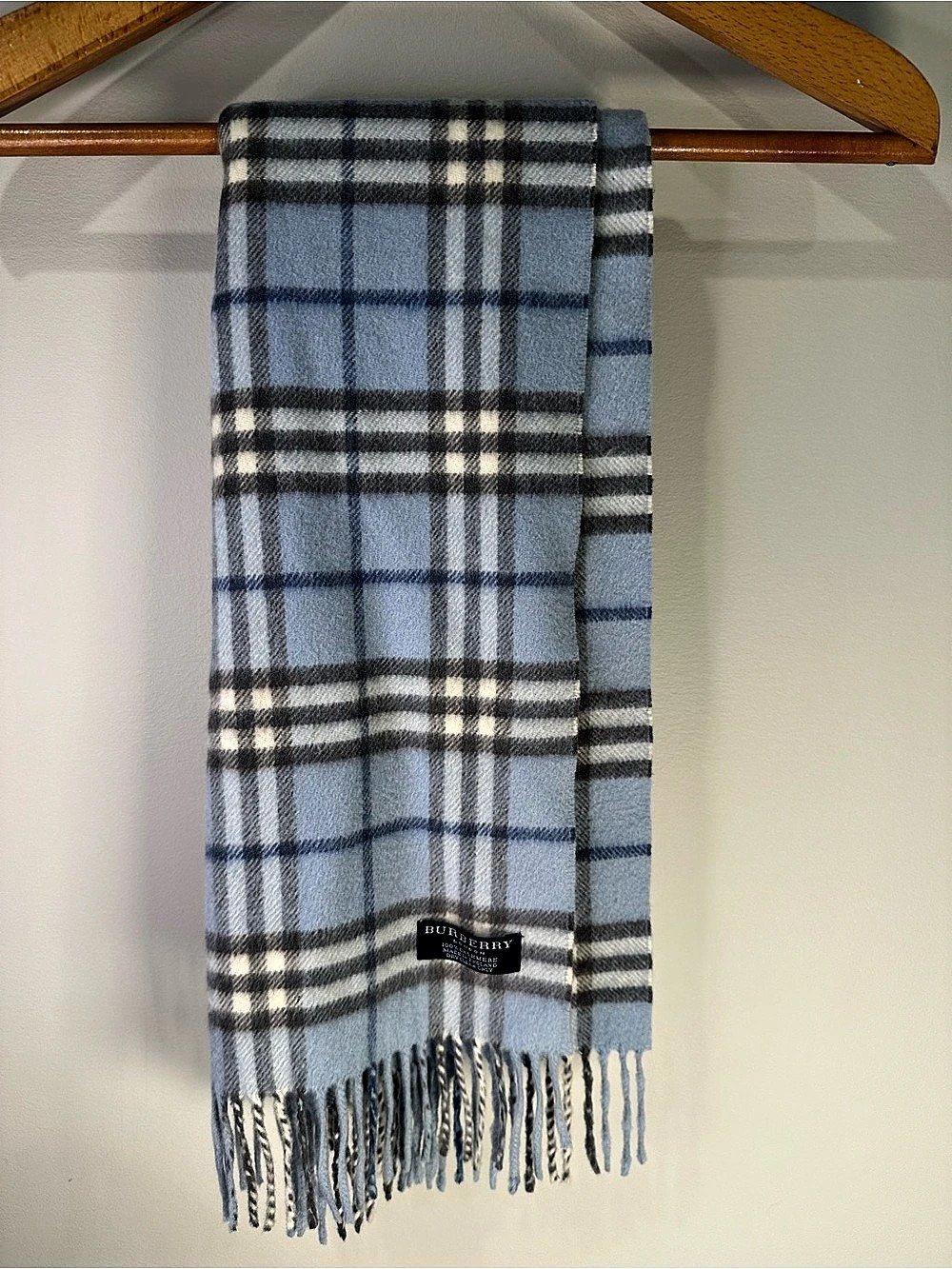 Vintage Burberry London 100% Cashmere Blue Nova Check Scarf Made in England